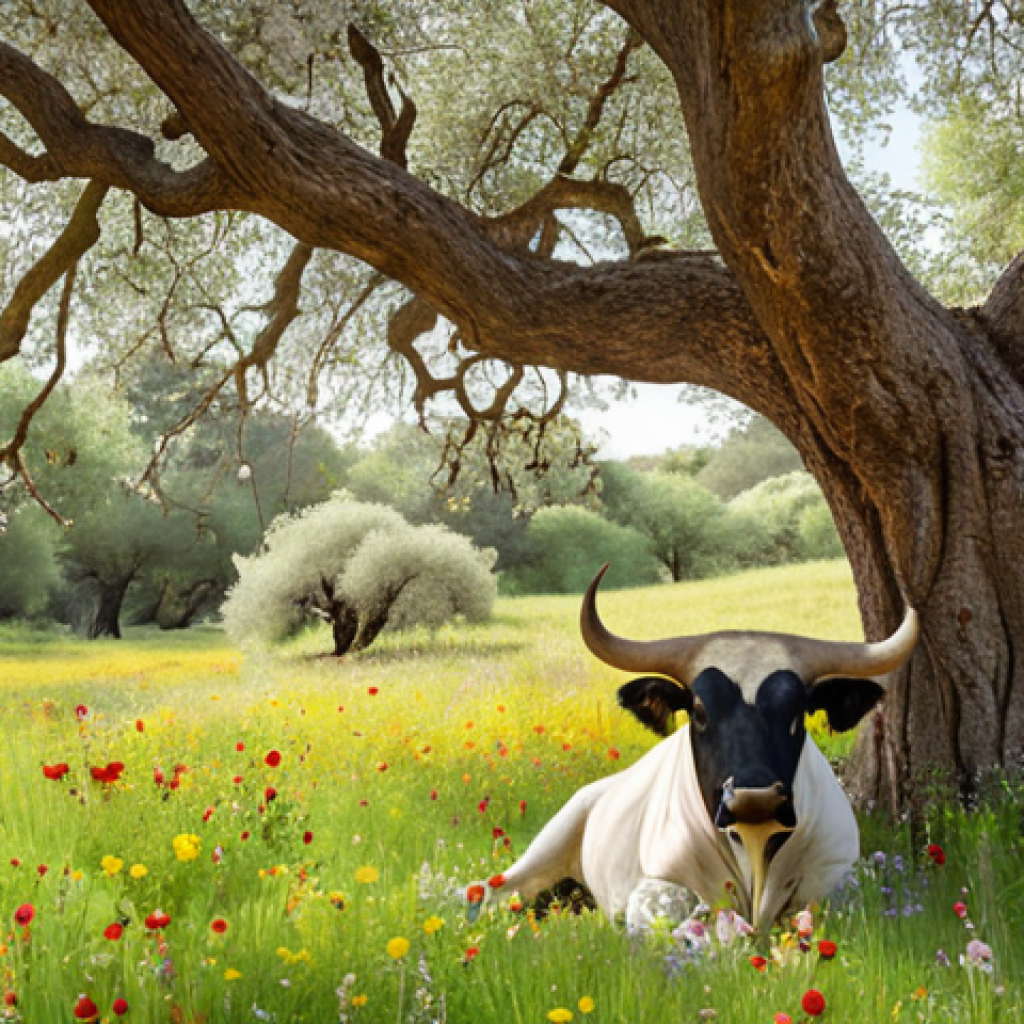 **A serene bull, Ferdinand, peacefully sitting under a cork oak tree in a lush meadow filled with wildflowers, deeply inhaling the fragrance of the blossoms. The scene evokes tranquility and mindfulness in a brightly lit field.**