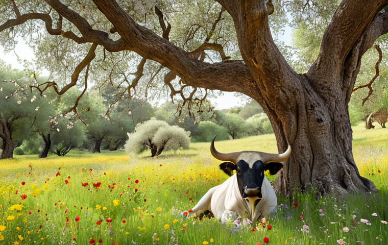**A serene bull, Ferdinand, peacefully sitting under a cork oak tree in a lush meadow filled with wildflowers, deeply inhaling the fragrance of the blossoms. The scene evokes tranquility and mindfulness in a brightly lit field.**