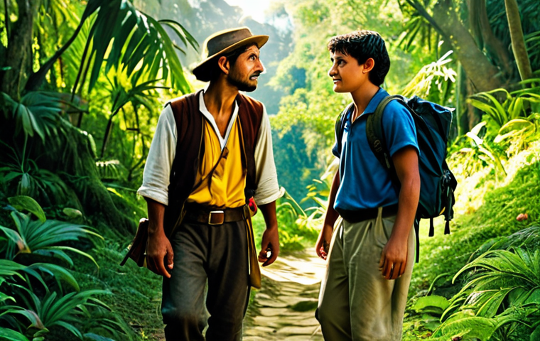 **Prompt 1: The Journey of Friendship**
A full shot of Miguel and Tulio, two adventurers, walking side-by-side on a vibrant, sun-dappled jungle path. Miguel, with a curious expression, gestures towards a distant, glimmering golden city visible through the trees. Tulio, looking slightly exasperated but loyal, carries a map or scroll. They are dressed in modest, explorer-appropriate clothing from the 16th century, fully clothed, appropriate attire. The lush green jungle surrounds them, hinting at the adventure ahead. The image should convey their dynamic friendship and shared quest. Professional photography, high quality, perfect anatomy, correct proportions, natural pose, well-formed hands, proper finger count, natural body proportions, safe for work, appropriate content, family-friendly.
